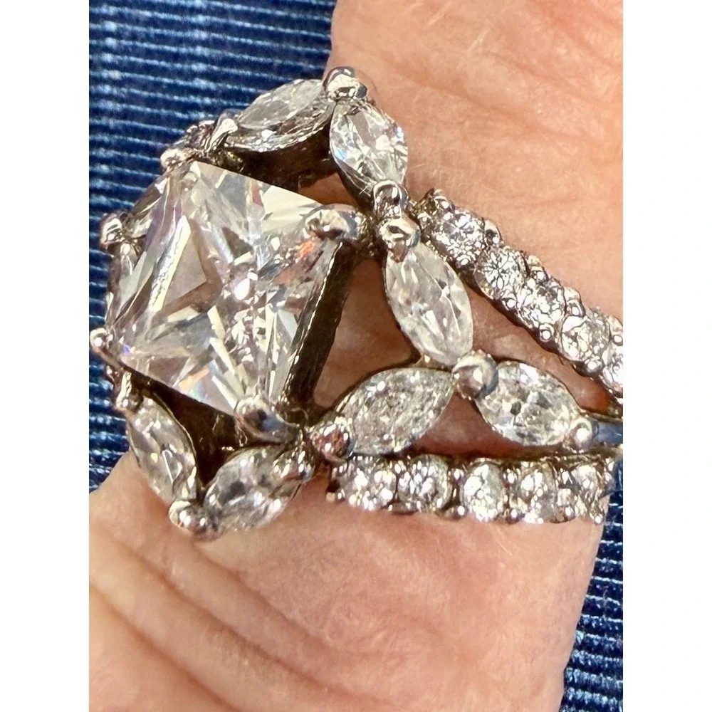 925 Sterling Silver Princess Cut Marquise CZ Statement Cocktail Ring Size 6 3/4